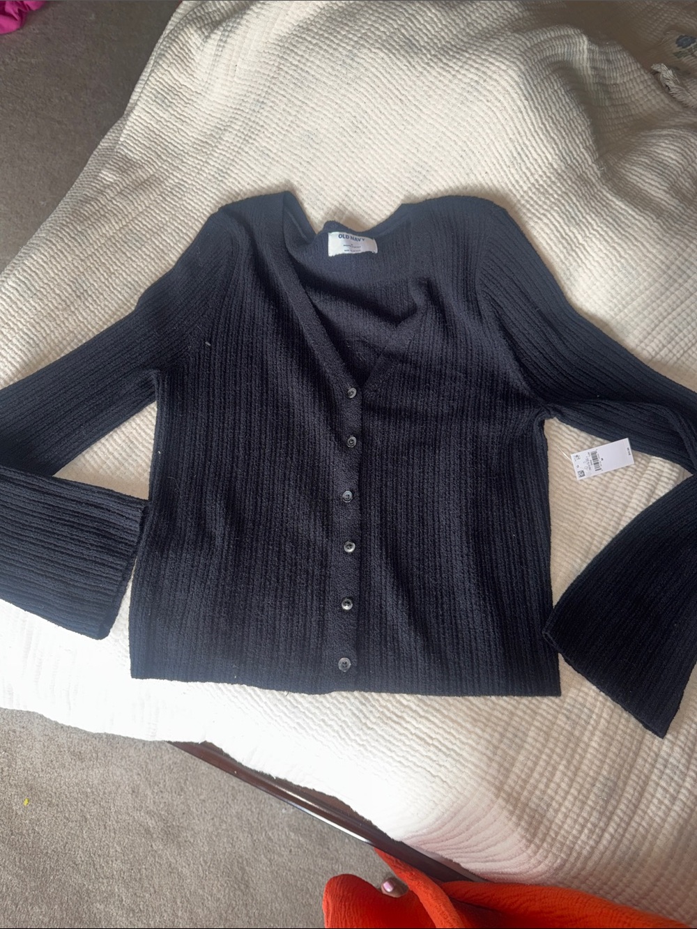 Woolrich Black Ribbed Button-Front Cardigan with Flared Sleeves